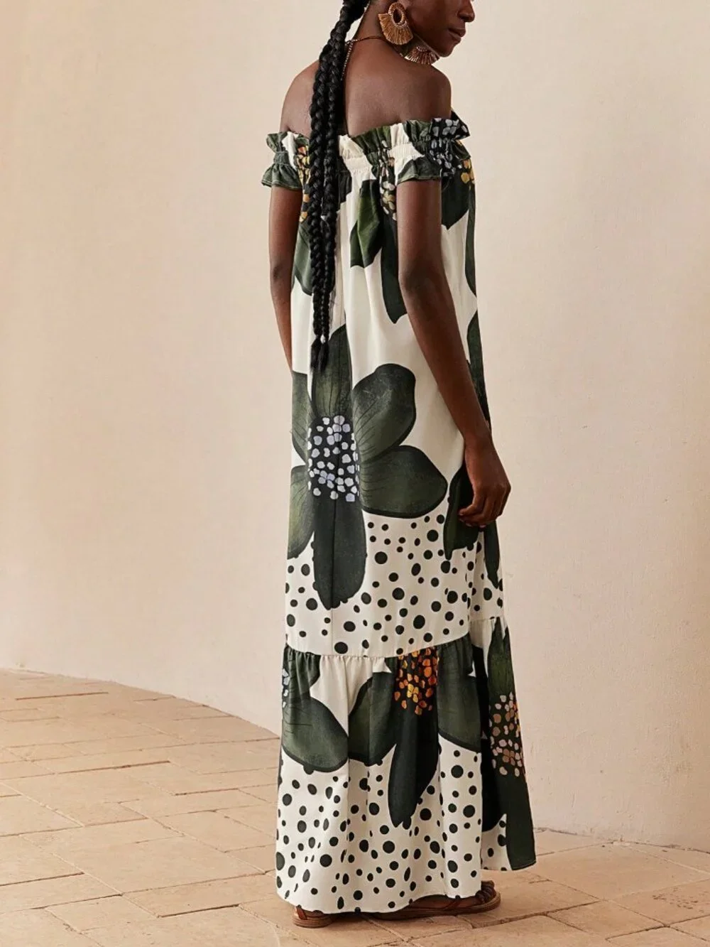 Multicolor Boho Women's Floral Print Off-Shoulder maxi Dress - Picture 2 of 7